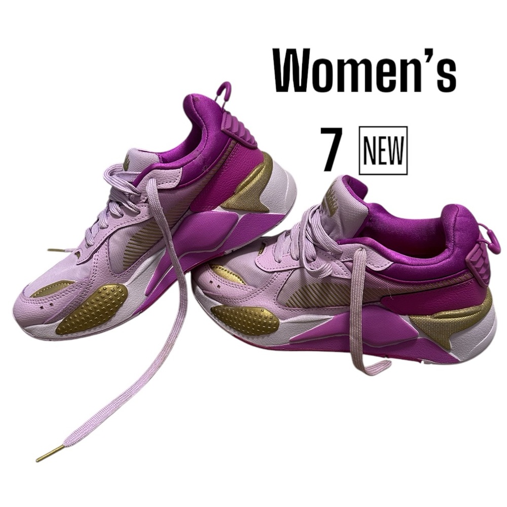 Women's Puma RS-X 7 Shoes Laces Memory Foam Purple Gold Running Retro Look New - Picture 2 of 10